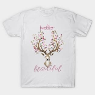 Hello Beautiful  Floral BOHO Deer T-Shirt